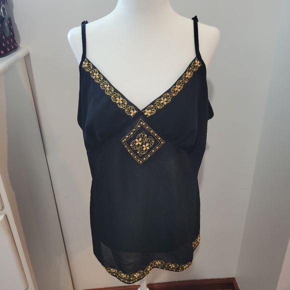 Unique Spectrum Tops - Vintage Y2k Unique Spectrum Black And Gold Beaded Boho Sheer Tank | 2X
